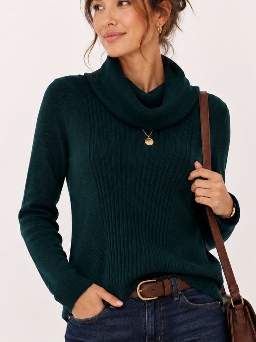Investments Petites Forest Green Ribbed Cowl Neck Sweater Medium